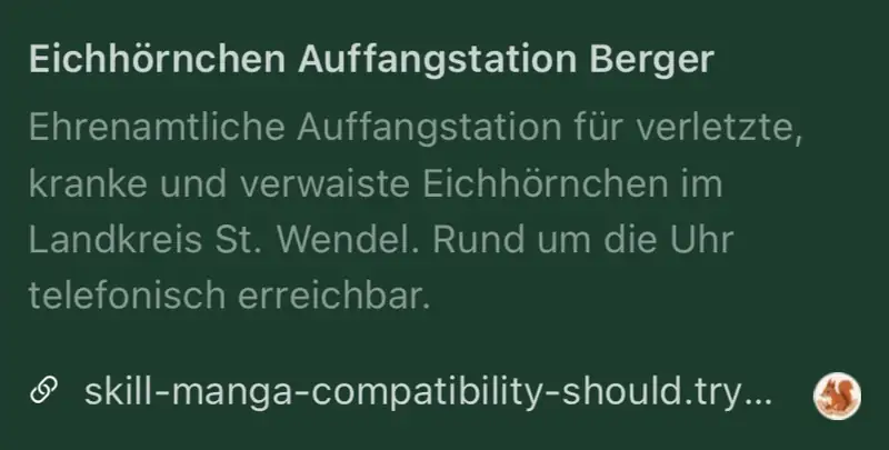 Echte WhatsApp-Linkvorschau der Eichhörnchen Auffangstation Berger mit Website-Titel, Beschreibung und gekürztem temporärem Tunnel-Hostnamen