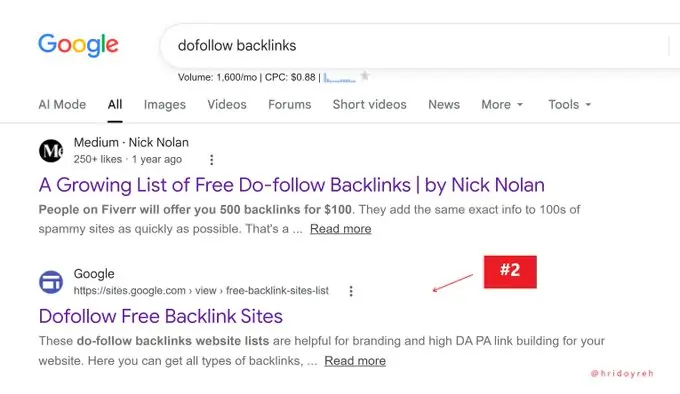 Google search results for “dofollow backlinks,” showing a Google Sites page below a Medium article.